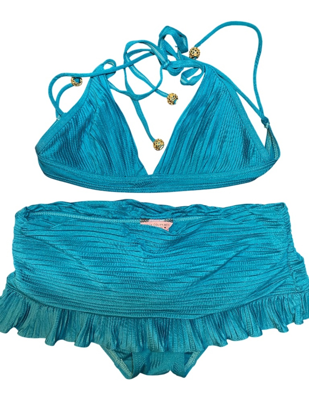 Vintage Juicy Couture Turquoise Pleated Ruffle Skirt Bikini Set Swimsuit S